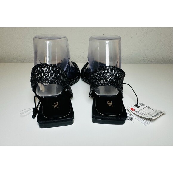 ZARA Woven Rafia Pointed Toe Black Tan Slingback Flat‎ Sandal Women US 7.5 NEW - Picture 3 of 12